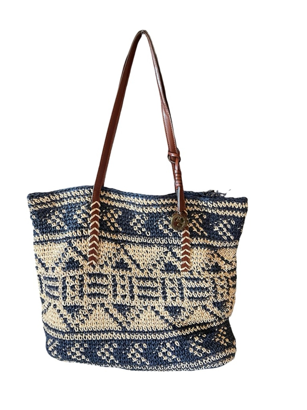 Lucky Brand Navy and Cream Woven Shoulder Tote with Brown Leather Straps